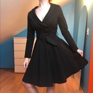 Black long sleeve belt button dress